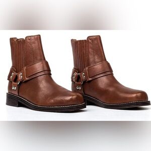MARC FISHER WOMEN MIZZIE MOTO BIKER RIDING BROWN LEATHER HARNESS BOOTS SIZE 7.5